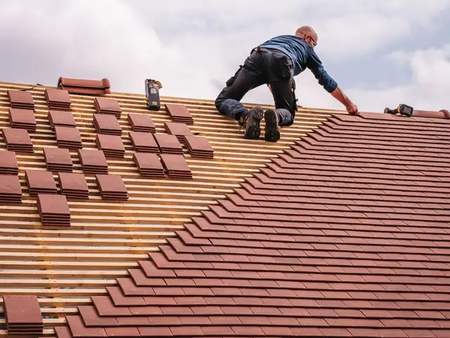 A roofer in a harness kneeling on a shingle roof, seen from behind.